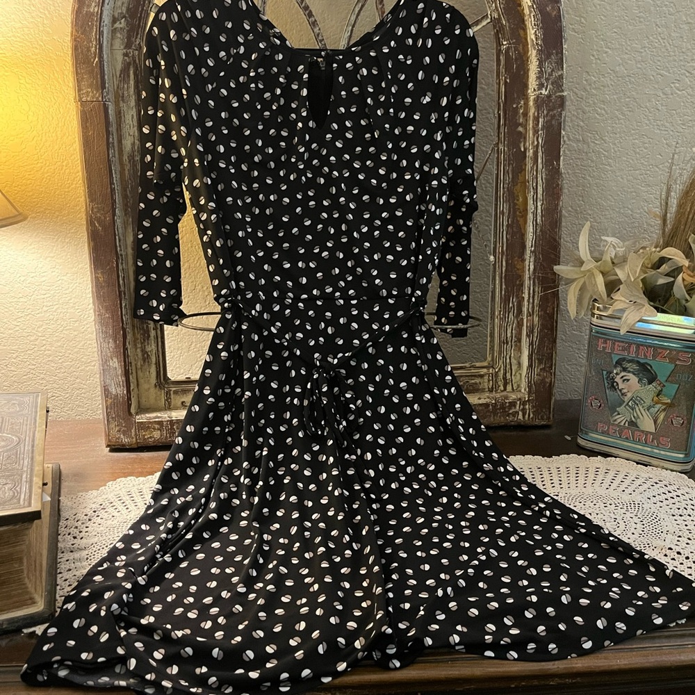 Ann Taylor Black Midi Dress Withh White and Gray Polka dots ( White and …